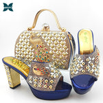 African Women New Arrivals Shoes and Bag to Match in Green Color Mature Style with Shinning Crystal Sandals for Wedding Party