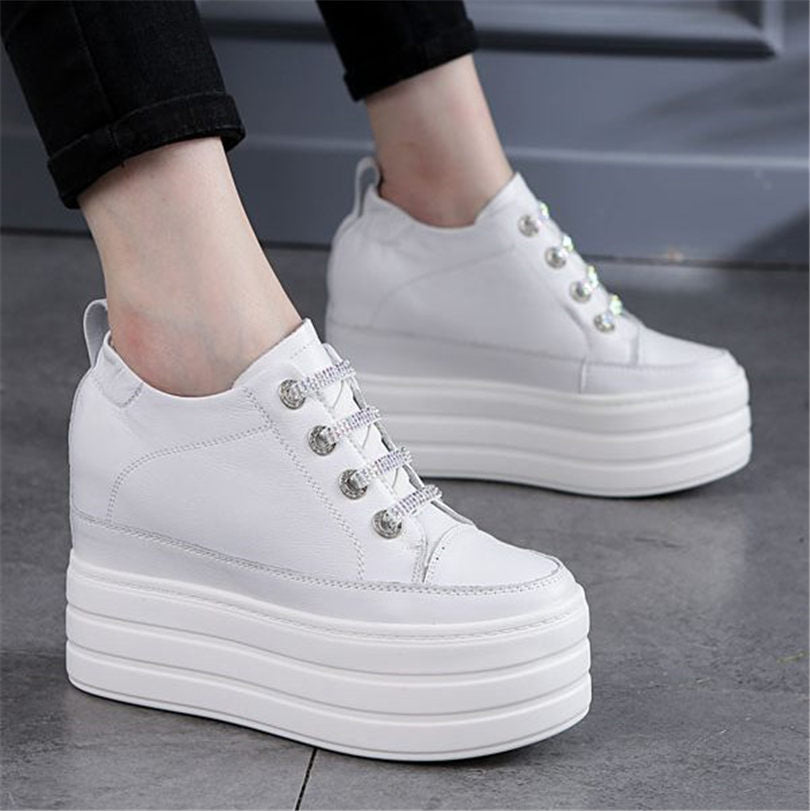 Women Cow Leather Fashion Sneakers Platform Wedge HIGH Heels Lace Up Ankle Boots Punk Creepers Casual Tennis Trainers