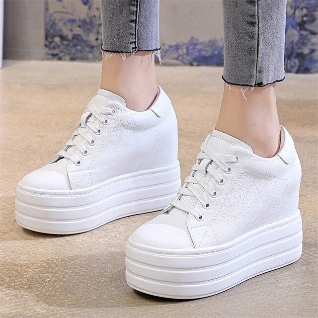 Women Cow Leather Fashion Sneakers Platform Wedge HIGH Heels Lace Up Ankle Boots Punk Creepers Casual Tennis Trainers