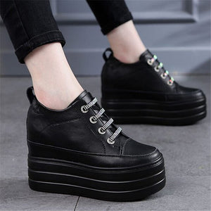 Women Cow Leather Fashion Sneakers Platform Wedge HIGH Heels Lace Up Ankle Boots Punk Creepers Casual Tennis Trainers