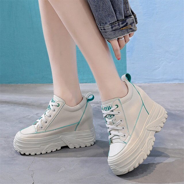 Women Cow Leather Fashion Sneakers Platform Wedge HIGH Heels Lace Up Ankle Boots Punk Creepers Casual Tennis Trainers