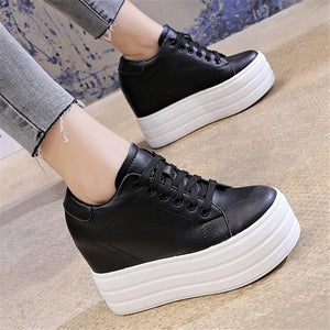 Women Cow Leather Fashion Sneakers Platform Wedge HIGH Heels Lace Up Ankle Boots Punk Creepers Casual Tennis Trainers