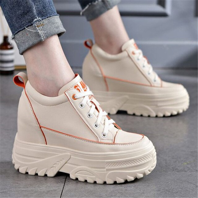 Women Cow Leather Fashion Sneakers Platform Wedge HIGH Heels Lace Up Ankle Boots Punk Creepers Casual Tennis Trainers