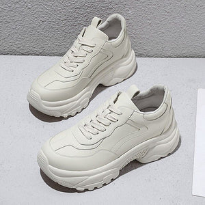 Women's Chunky Sneakers Genuine Leather Women Platform Shoes Lace Up Beige Vulcanize Shoes Womens Female Trainers Dad Shoes