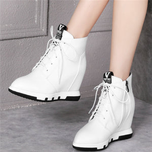 High Top Trainers Women Lace Up Genuine Leather Wedges High Heel Fashion Sneakers Female Pointed Toe Platform Pumps Casual Shoes