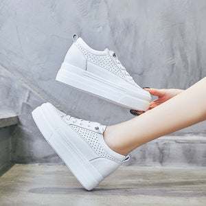 women genuine leather thick bottom casual sneakers summer new  wild white increased female vulcanized shoes ES-05