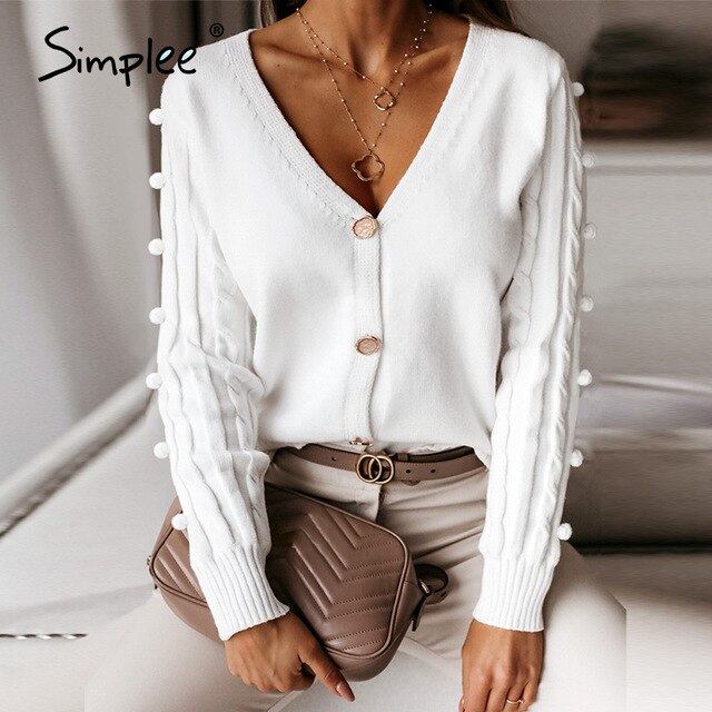 Simplee Sexy v-neck knitted women cardigan Casual solid white long sleeve sweater cardigan Elegant autumn ladies sweater tops