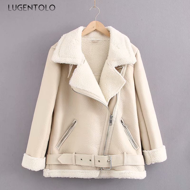 Lugentolo Leather Jacket Women Winter Lamb Wool Turn-down Fur Collar Long Sleeve PU Moto Zipper Keep Warm Thick Coat