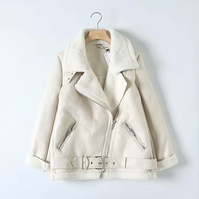 Lugentolo Leather Jacket Women Winter Lamb Wool Turn-down Fur Collar Long Sleeve PU Moto Zipper Keep Warm Thick Coat