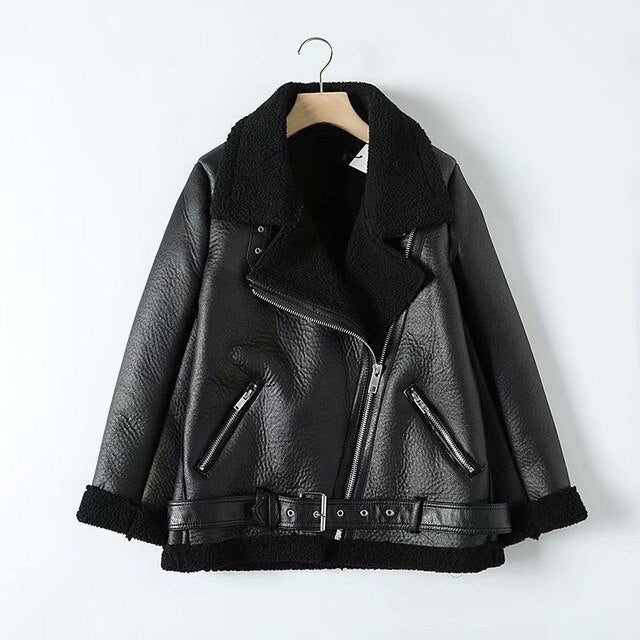 Lugentolo Leather Jacket Women Winter Lamb Wool Turn-down Fur Collar Long Sleeve PU Moto Zipper Keep Warm Thick Coat