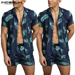 INCERUN Mens Printed Sets Short Sleeve Lapel Shirts Casual Shorts Fashion Comfortable Mens Summer Hawaiian Suits Hombre 2 Pieces