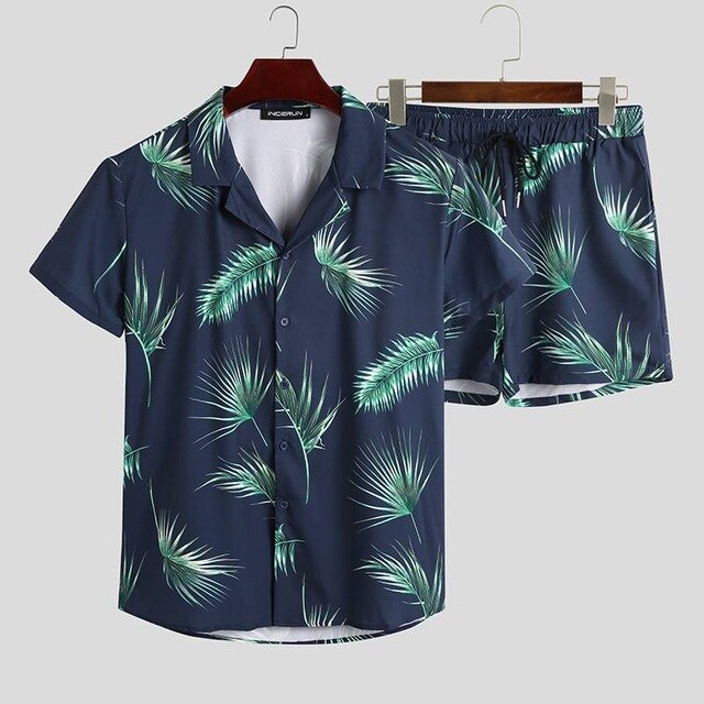 INCERUN Mens Printed Sets Short Sleeve Lapel Shirts Casual Shorts Fashion Comfortable Mens Summer Hawaiian Suits Hombre 2 Pieces