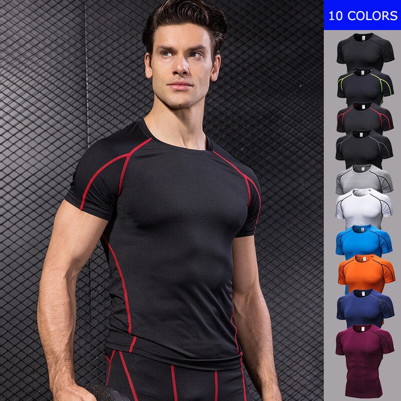 Men's Running Workout Gym Sports Short Sleeve T-shirt Tight Fitting Quick Fast Dry Compression Shirt Sportswear Shirt 1053