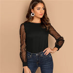 Sheinside Black Women Blouse Pearl Beaded Mesh Sleeve Top Ladies Long Sleeve Shirts Elegant Womens Clothing Tops And Blouses