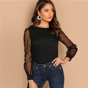 Sheinside Black Women Blouse Pearl Beaded Mesh Sleeve Top Ladies Long Sleeve Shirts Elegant Womens Clothing Tops And Blouses