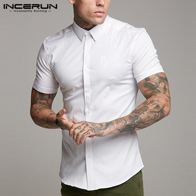 Brand Plain White Shirt Men Shirts Slim Fit Social Dress Short Sleeve Summer Tee Casual Camisetas Chemise Hombre Man Clothes