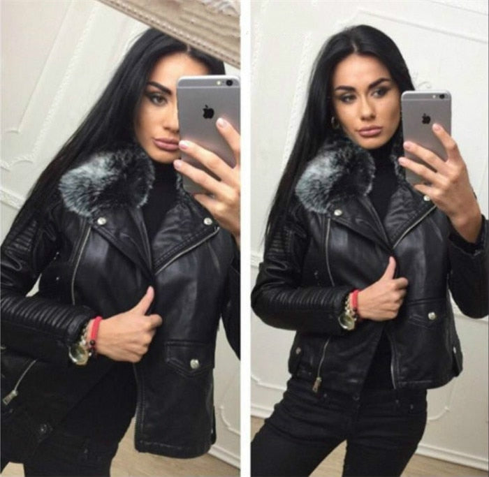 Ladies' Black Leather Jackets 2018 New Autumn Winter Faux Lambs Warm Pvc Coat Woman Slim Long Sleeved Motorcycle Bikers Jacket