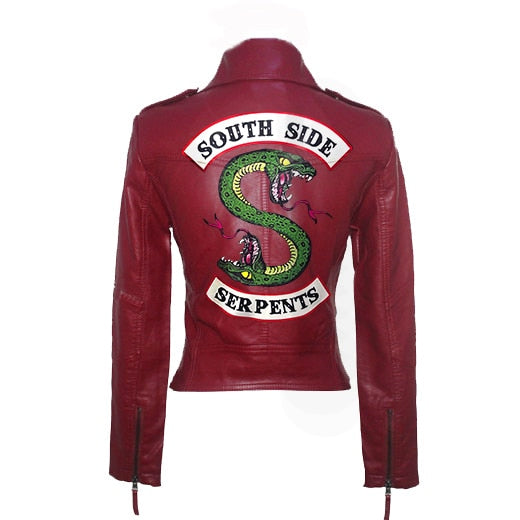 Women Riverdale Leather Jackets Winter Slim Motorcycle Bomber Jacket Coats South Side Serpents Printed Black Wine Red