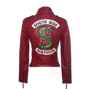 Women Riverdale Leather Jackets Winter Slim Motorcycle Bomber Jacket Coats South Side Serpents Printed Black Wine Red