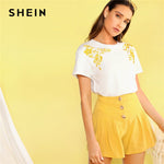 SHEIN Flower Embroidered Detail Tee Women Clothing 2019 Stretchy Summer Short Sleeve T Shirt Round Neck White Summer Tops